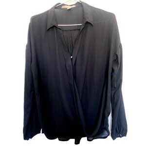 Forever21 Wrap over long sleeve sheer black blouse, L, NWOT